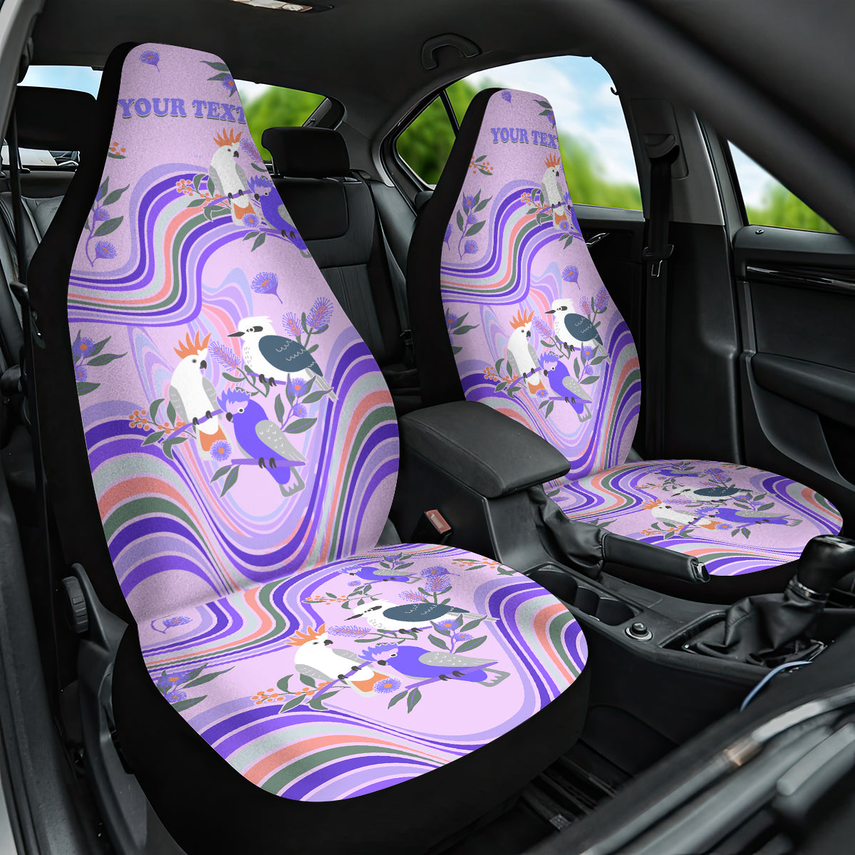 personalised-australia-hippie-christmas-car-seat-cover-cockatoo-kookaburra-with-wattle-violet-pastel-color