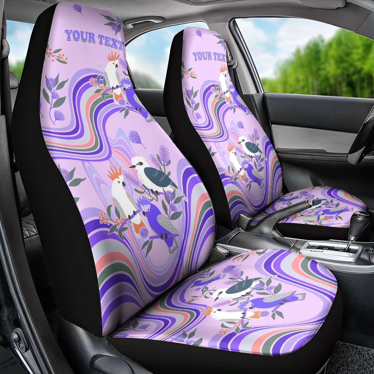 personalised-australia-hippie-christmas-car-seat-cover-cockatoo-kookaburra-with-wattle-violet-pastel-color