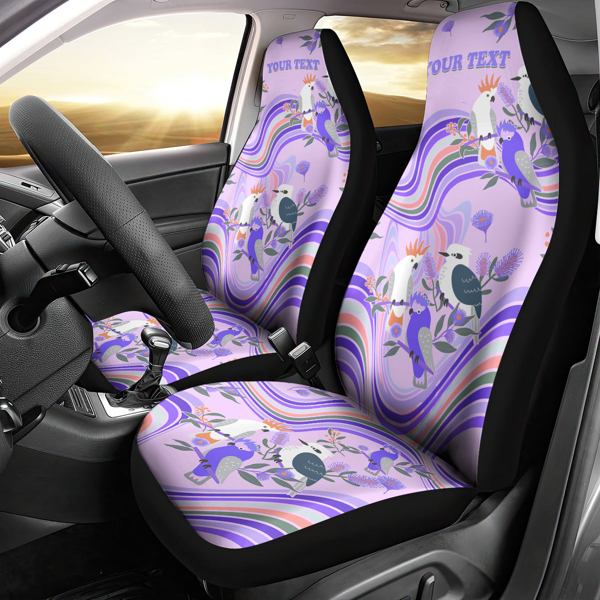 personalised-australia-hippie-christmas-car-seat-cover-cockatoo-kookaburra-with-wattle-violet-pastel-color