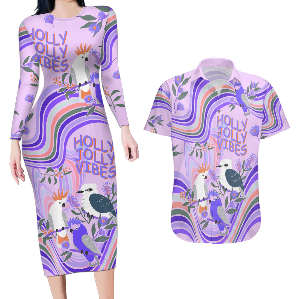 personalised-australia-hippie-christmas-couples-matching-long-sleeve-bodycon-dress-and-hawaiian-shirt-cockatoo-kookaburra-with-wattle-violet-pastel-color