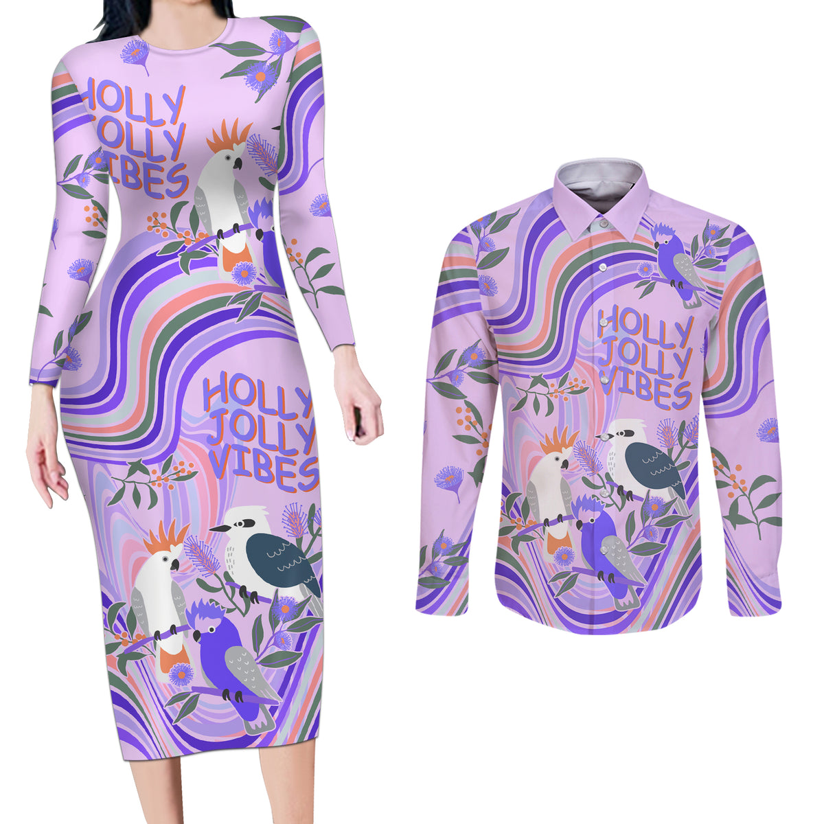 personalised-australia-hippie-christmas-couples-matching-long-sleeve-bodycon-dress-and-long-sleeve-button-shirt-cockatoo-kookaburra-with-wattle-violet-pastel-color