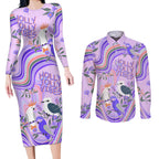 personalised-australia-hippie-christmas-couples-matching-long-sleeve-bodycon-dress-and-long-sleeve-button-shirt-cockatoo-kookaburra-with-wattle-violet-pastel-color