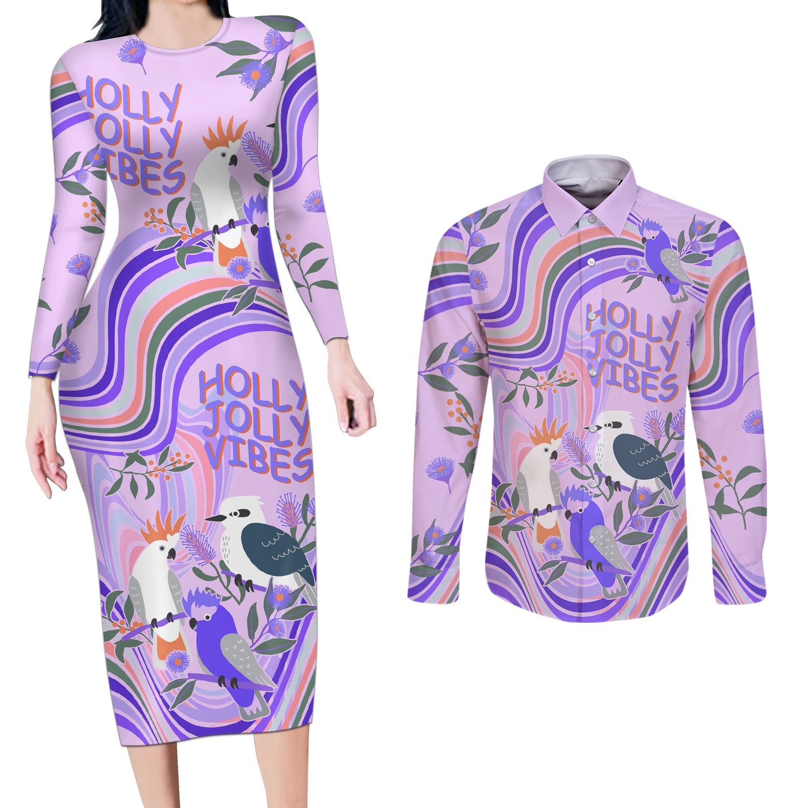 personalised-australia-hippie-christmas-couples-matching-long-sleeve-bodycon-dress-and-long-sleeve-button-shirt-cockatoo-kookaburra-with-wattle-violet-pastel-color