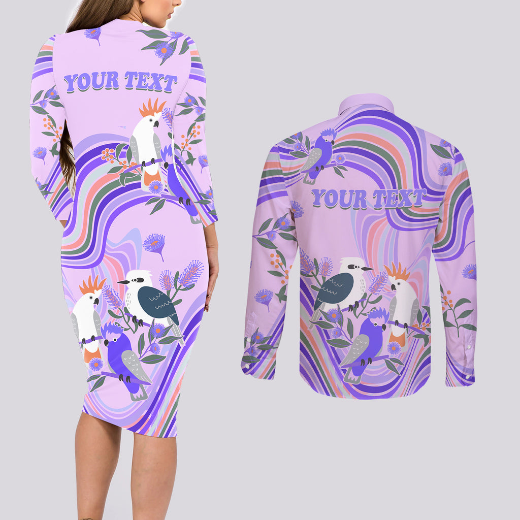 personalised-australia-hippie-christmas-couples-matching-long-sleeve-bodycon-dress-and-long-sleeve-button-shirt-cockatoo-kookaburra-with-wattle-violet-pastel-color