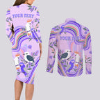 personalised-australia-hippie-christmas-couples-matching-long-sleeve-bodycon-dress-and-long-sleeve-button-shirt-cockatoo-kookaburra-with-wattle-violet-pastel-color