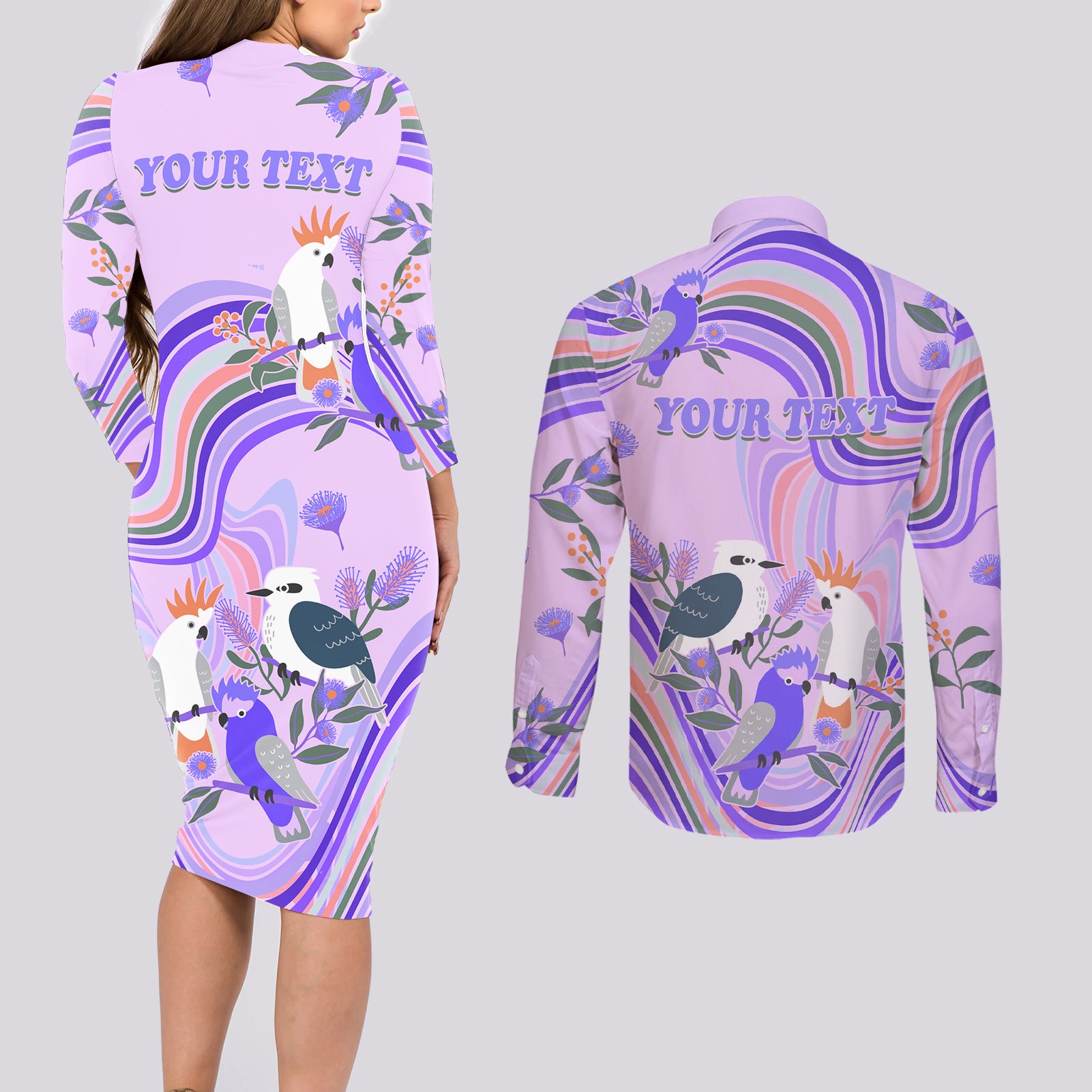 personalised-australia-hippie-christmas-couples-matching-long-sleeve-bodycon-dress-and-long-sleeve-button-shirt-cockatoo-kookaburra-with-wattle-violet-pastel-color