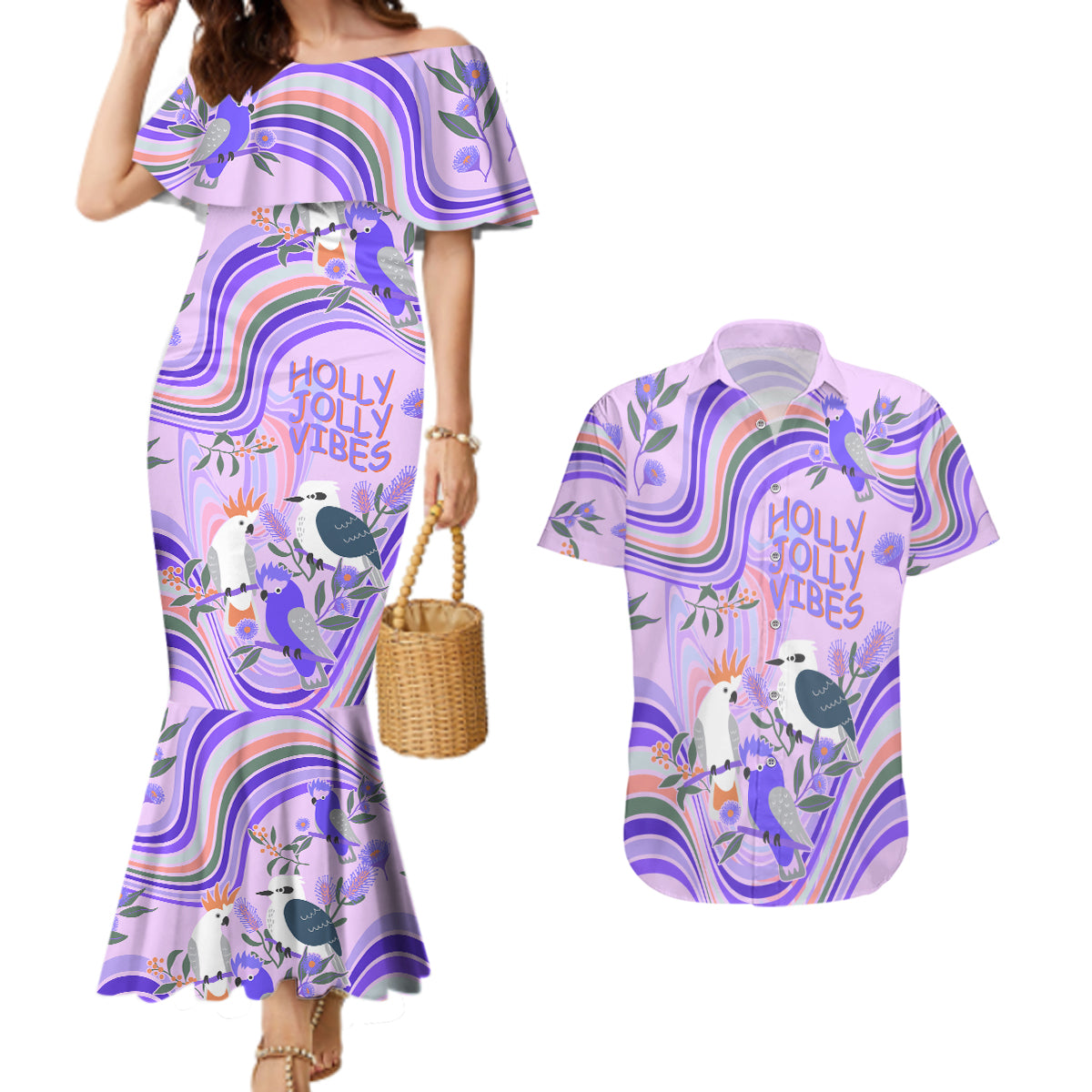 personalised-australia-hippie-christmas-couples-matching-mermaid-dress-and-hawaiian-shirt-cockatoo-kookaburra-with-wattle-violet-pastel-color