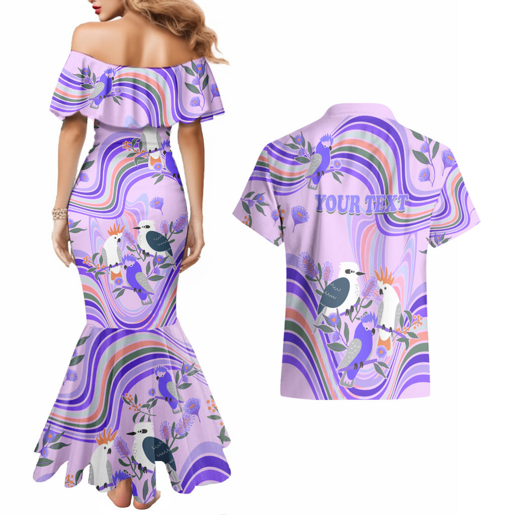 personalised-australia-hippie-christmas-couples-matching-mermaid-dress-and-hawaiian-shirt-cockatoo-kookaburra-with-wattle-violet-pastel-color