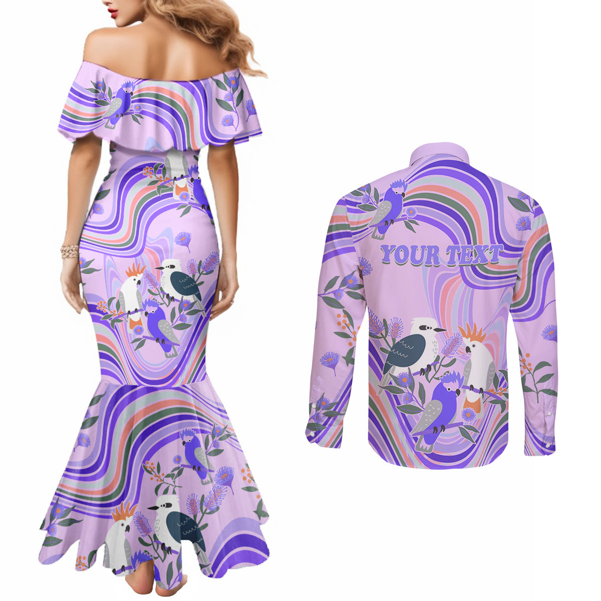 personalised-australia-hippie-christmas-couples-matching-mermaid-dress-and-long-sleeve-button-shirt-cockatoo-kookaburra-with-wattle-violet-pastel-color