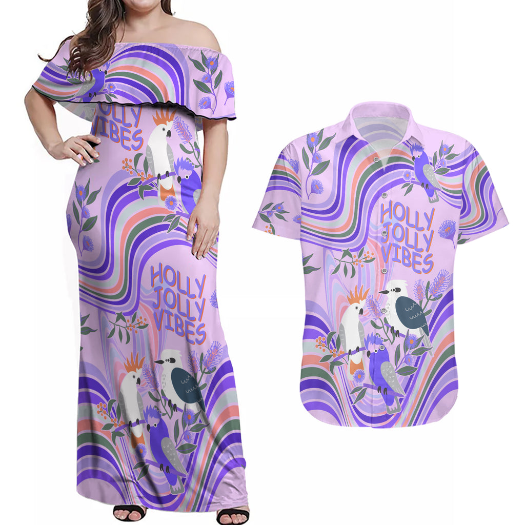 personalised-australia-hippie-christmas-couples-matching-off-shoulder-maxi-dress-and-hawaiian-shirt-cockatoo-kookaburra-with-wattle-violet-pastel-color
