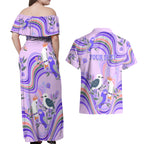 personalised-australia-hippie-christmas-couples-matching-off-shoulder-maxi-dress-and-hawaiian-shirt-cockatoo-kookaburra-with-wattle-violet-pastel-color