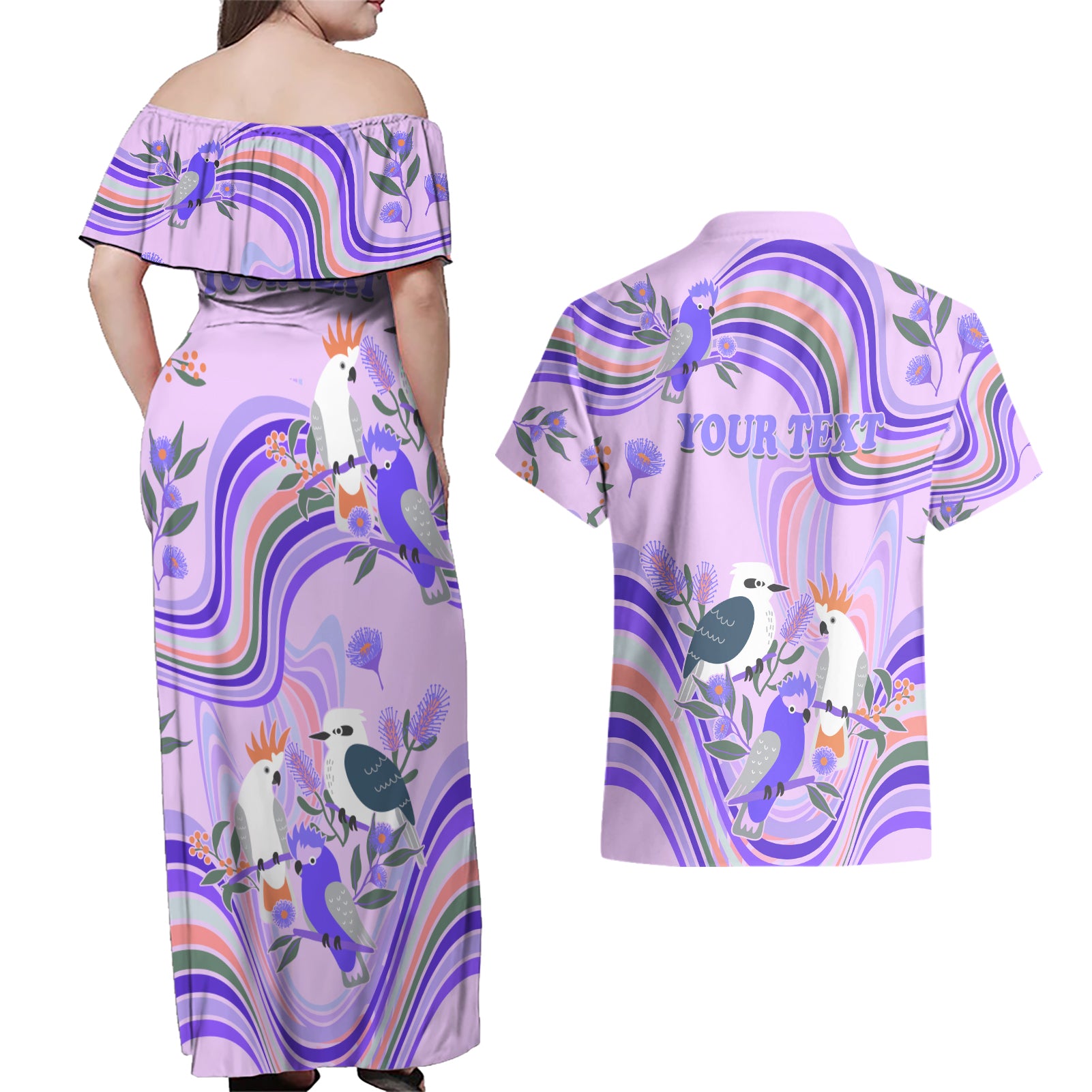 personalised-australia-hippie-christmas-couples-matching-off-shoulder-maxi-dress-and-hawaiian-shirt-cockatoo-kookaburra-with-wattle-violet-pastel-color