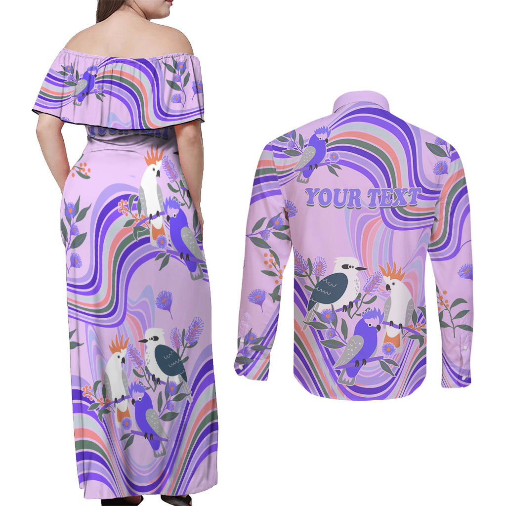 personalised-australia-hippie-christmas-couples-matching-off-shoulder-maxi-dress-and-long-sleeve-button-shirt-cockatoo-kookaburra-with-wattle-violet-pastel-color