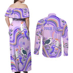 personalised-australia-hippie-christmas-couples-matching-off-shoulder-maxi-dress-and-long-sleeve-button-shirt-cockatoo-kookaburra-with-wattle-violet-pastel-color