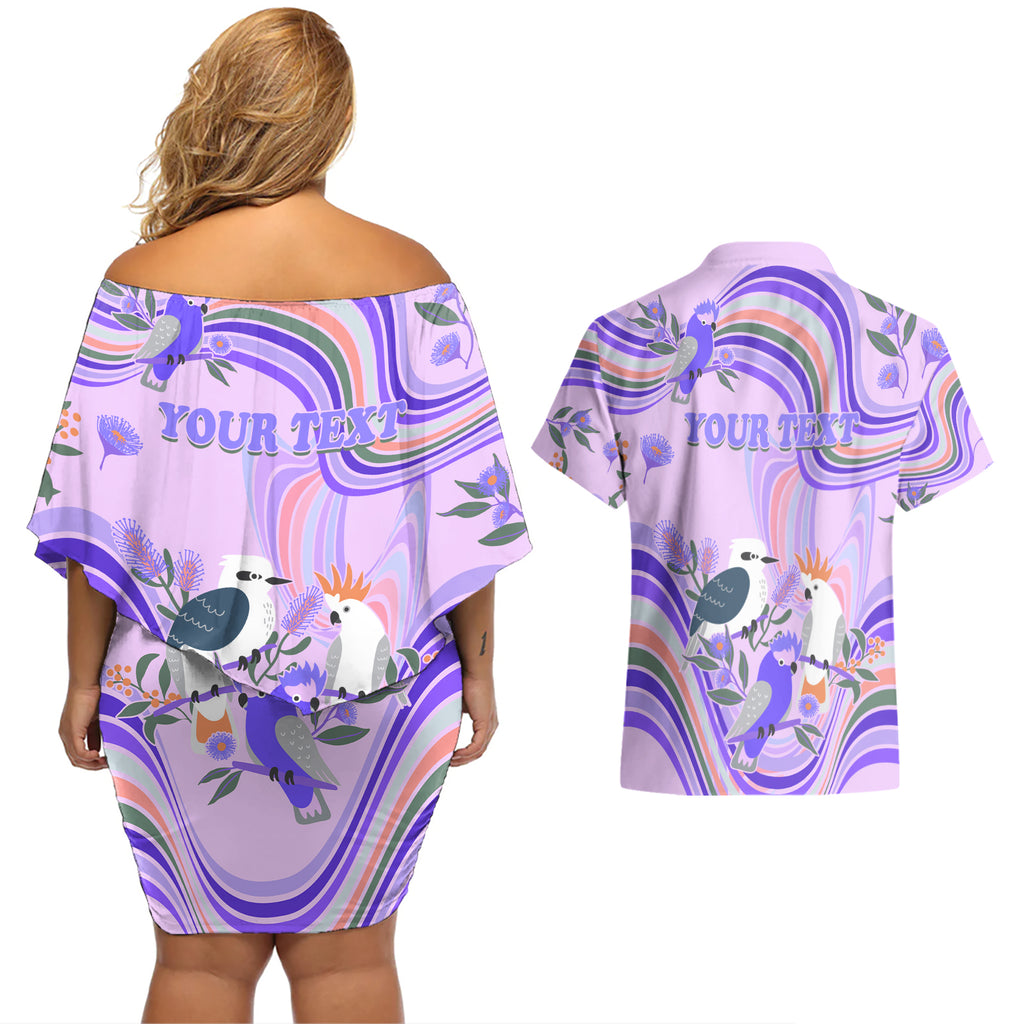 personalised-australia-hippie-christmas-couples-matching-off-shoulder-short-dress-and-hawaiian-shirt-cockatoo-kookaburra-with-wattle-violet-pastel-color