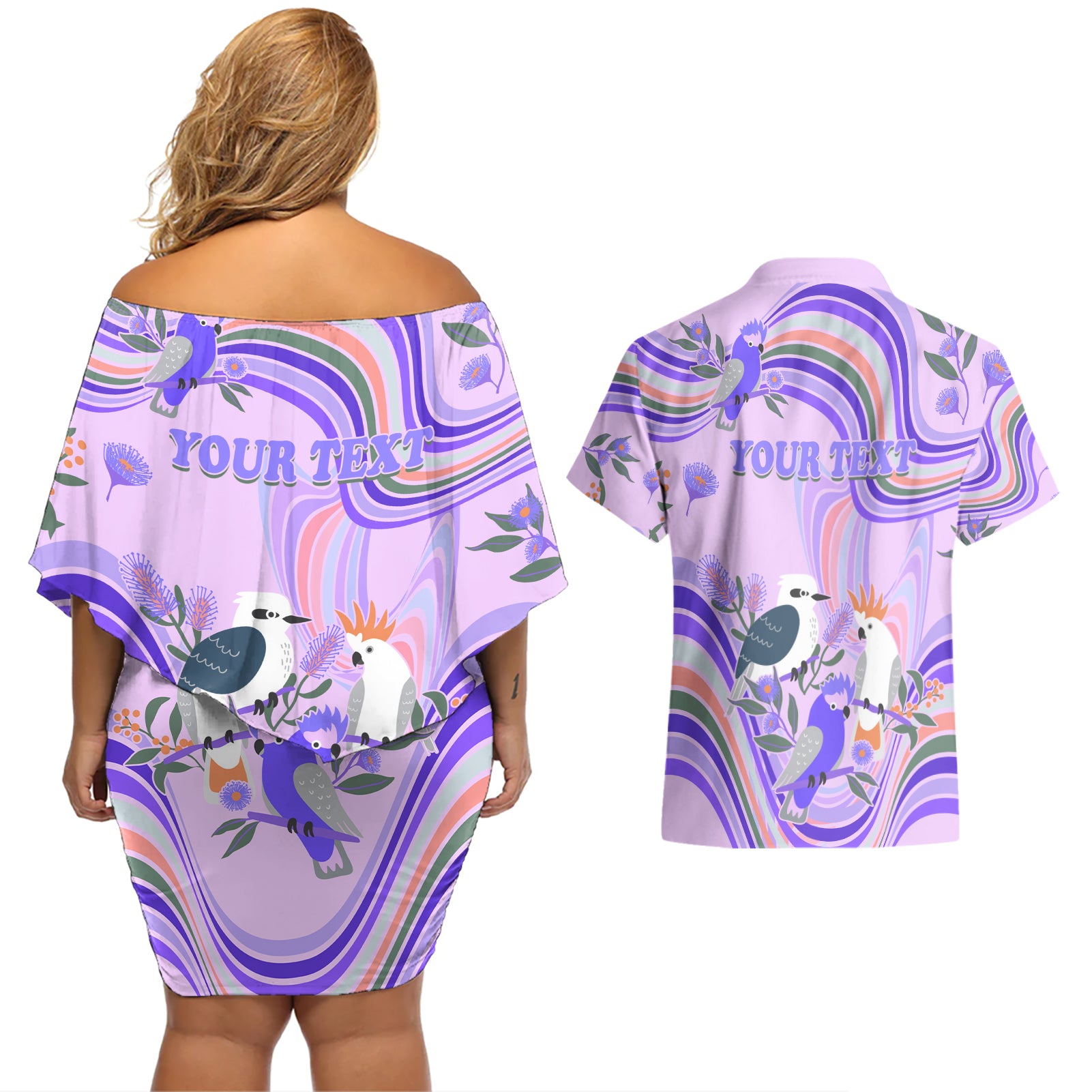 personalised-australia-hippie-christmas-couples-matching-off-shoulder-short-dress-and-hawaiian-shirt-cockatoo-kookaburra-with-wattle-violet-pastel-color