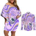 personalised-australia-hippie-christmas-couples-matching-off-shoulder-short-dress-and-long-sleeve-button-shirt-cockatoo-kookaburra-with-wattle-violet-pastel-color