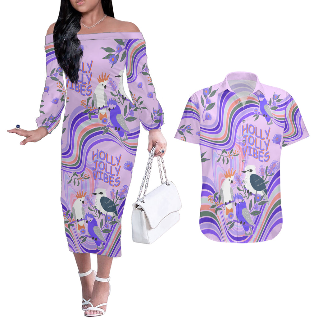 personalised-australia-hippie-christmas-couples-matching-off-the-shoulder-long-sleeve-dress-and-hawaiian-shirt-cockatoo-kookaburra-with-wattle-violet-pastel-color