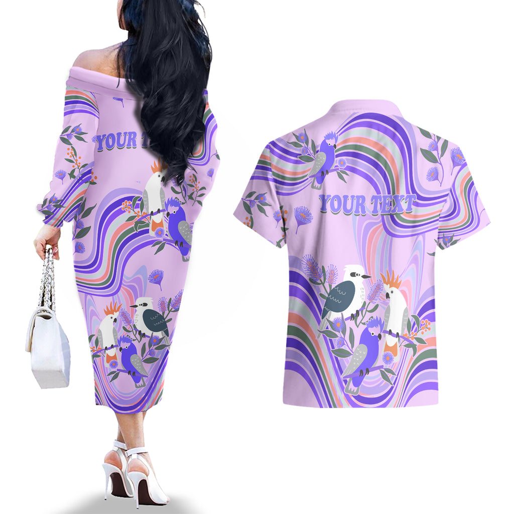 personalised-australia-hippie-christmas-couples-matching-off-the-shoulder-long-sleeve-dress-and-hawaiian-shirt-cockatoo-kookaburra-with-wattle-violet-pastel-color