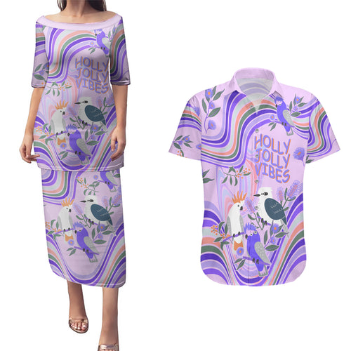 personalised-australia-hippie-christmas-couples-matching-puletasi-dress-and-hawaiian-shirt-cockatoo-kookaburra-with-wattle-violet-pastel-color