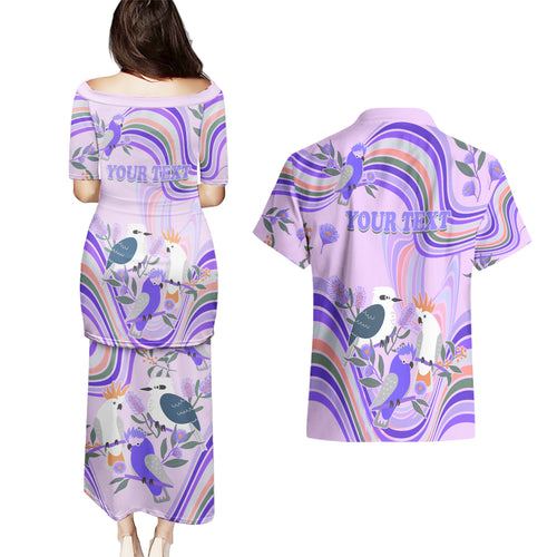 personalised-australia-hippie-christmas-couples-matching-puletasi-dress-and-hawaiian-shirt-cockatoo-kookaburra-with-wattle-violet-pastel-color