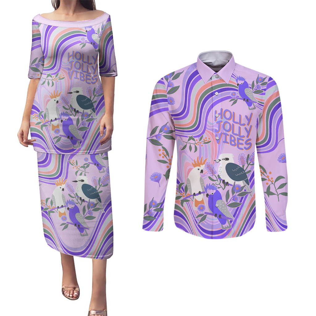 personalised-australia-hippie-christmas-couples-matching-puletasi-dress-and-long-sleeve-button-shirt-cockatoo-kookaburra-with-wattle-violet-pastel-color