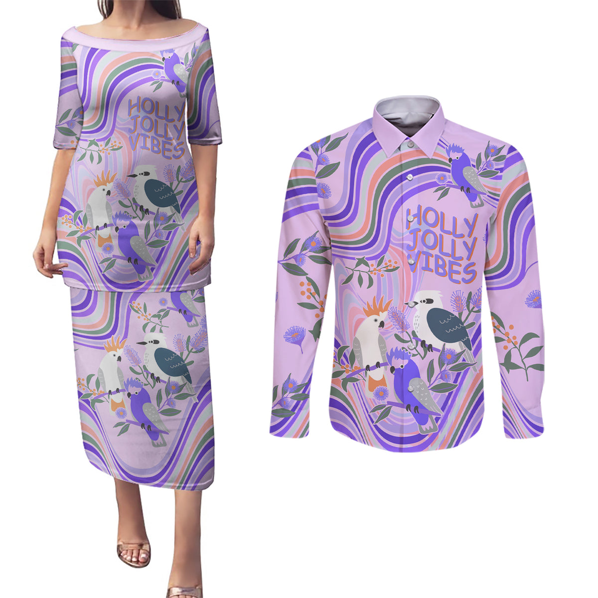 personalised-australia-hippie-christmas-couples-matching-puletasi-dress-and-long-sleeve-button-shirt-cockatoo-kookaburra-with-wattle-violet-pastel-color