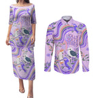 personalised-australia-hippie-christmas-couples-matching-puletasi-dress-and-long-sleeve-button-shirt-cockatoo-kookaburra-with-wattle-violet-pastel-color