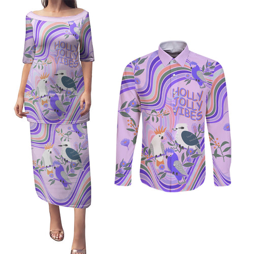 personalised-australia-hippie-christmas-couples-matching-puletasi-dress-and-long-sleeve-button-shirt-cockatoo-kookaburra-with-wattle-violet-pastel-color