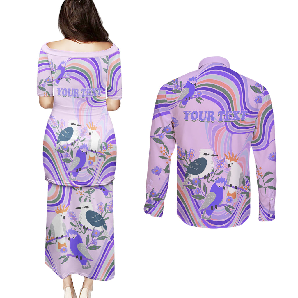 personalised-australia-hippie-christmas-couples-matching-puletasi-dress-and-long-sleeve-button-shirt-cockatoo-kookaburra-with-wattle-violet-pastel-color