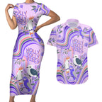 personalised-australia-hippie-christmas-couples-matching-short-sleeve-bodycon-dress-and-hawaiian-shirt-cockatoo-kookaburra-with-wattle-violet-pastel-color