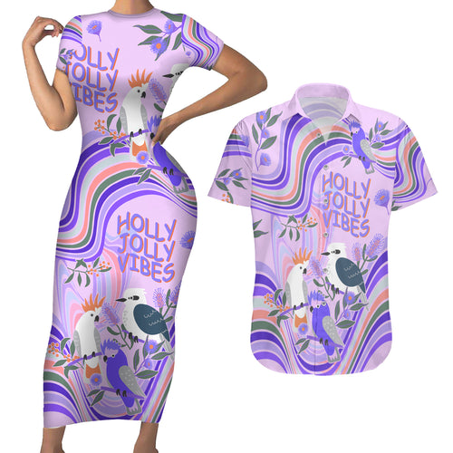 personalised-australia-hippie-christmas-couples-matching-short-sleeve-bodycon-dress-and-hawaiian-shirt-cockatoo-kookaburra-with-wattle-violet-pastel-color