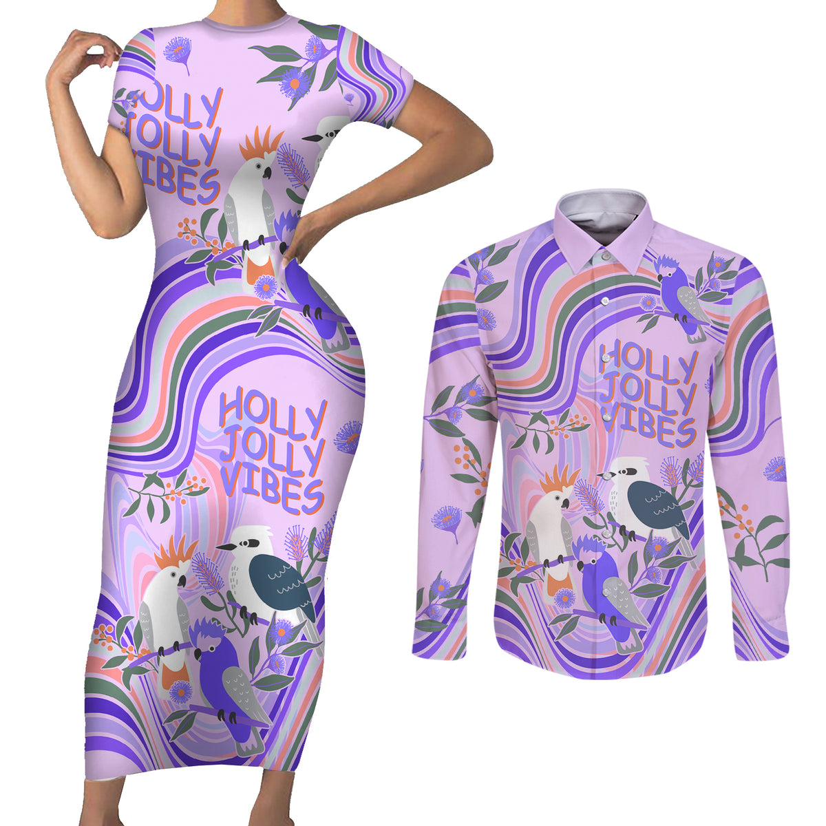 personalised-australia-hippie-christmas-couples-matching-short-sleeve-bodycon-dress-and-long-sleeve-button-shirt-cockatoo-kookaburra-with-wattle-violet-pastel-color