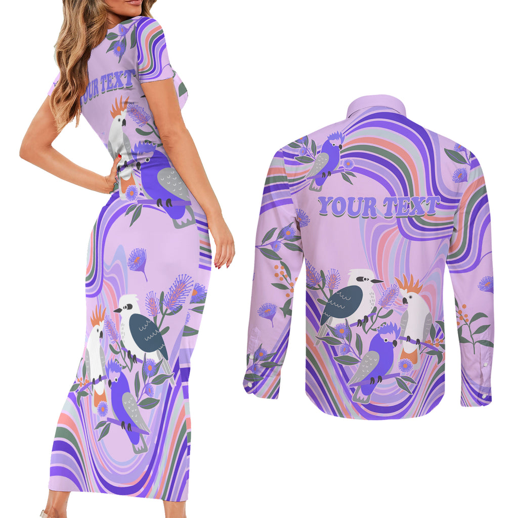 personalised-australia-hippie-christmas-couples-matching-short-sleeve-bodycon-dress-and-long-sleeve-button-shirt-cockatoo-kookaburra-with-wattle-violet-pastel-color