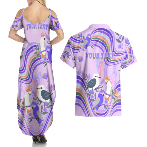 personalised-australia-hippie-christmas-couples-matching-summer-maxi-dress-and-hawaiian-shirt-cockatoo-kookaburra-with-wattle-violet-pastel-color