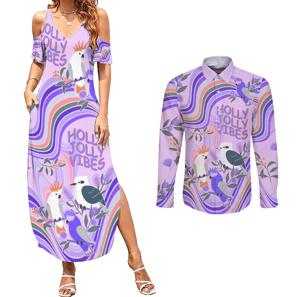 personalised-australia-hippie-christmas-couples-matching-summer-maxi-dress-and-long-sleeve-button-shirt-cockatoo-kookaburra-with-wattle-violet-pastel-color