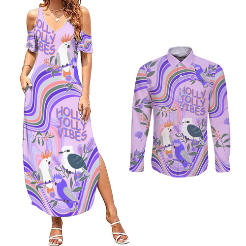 personalised-australia-hippie-christmas-couples-matching-summer-maxi-dress-and-long-sleeve-button-shirt-cockatoo-kookaburra-with-wattle-violet-pastel-color