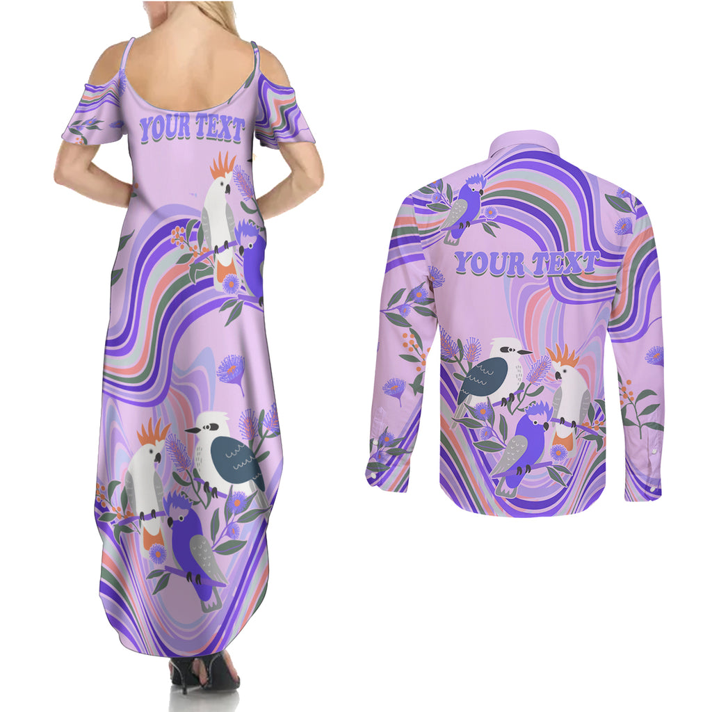 personalised-australia-hippie-christmas-couples-matching-summer-maxi-dress-and-long-sleeve-button-shirt-cockatoo-kookaburra-with-wattle-violet-pastel-color
