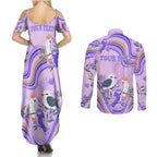 personalised-australia-hippie-christmas-couples-matching-summer-maxi-dress-and-long-sleeve-button-shirt-cockatoo-kookaburra-with-wattle-violet-pastel-color