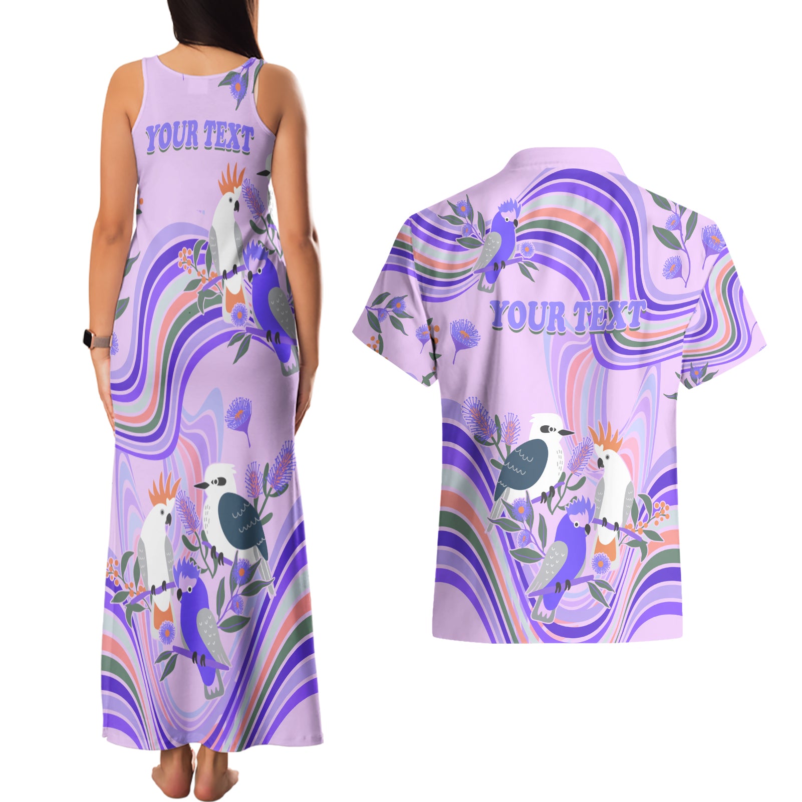 personalised-australia-hippie-christmas-couples-matching-tank-maxi-dress-and-hawaiian-shirt-cockatoo-kookaburra-with-wattle-violet-pastel-color