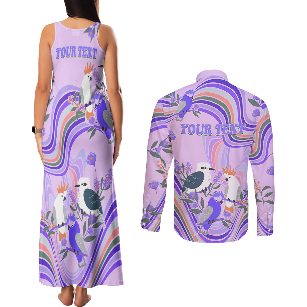 personalised-australia-hippie-christmas-couples-matching-tank-maxi-dress-and-long-sleeve-button-shirt-cockatoo-kookaburra-with-wattle-violet-pastel-color