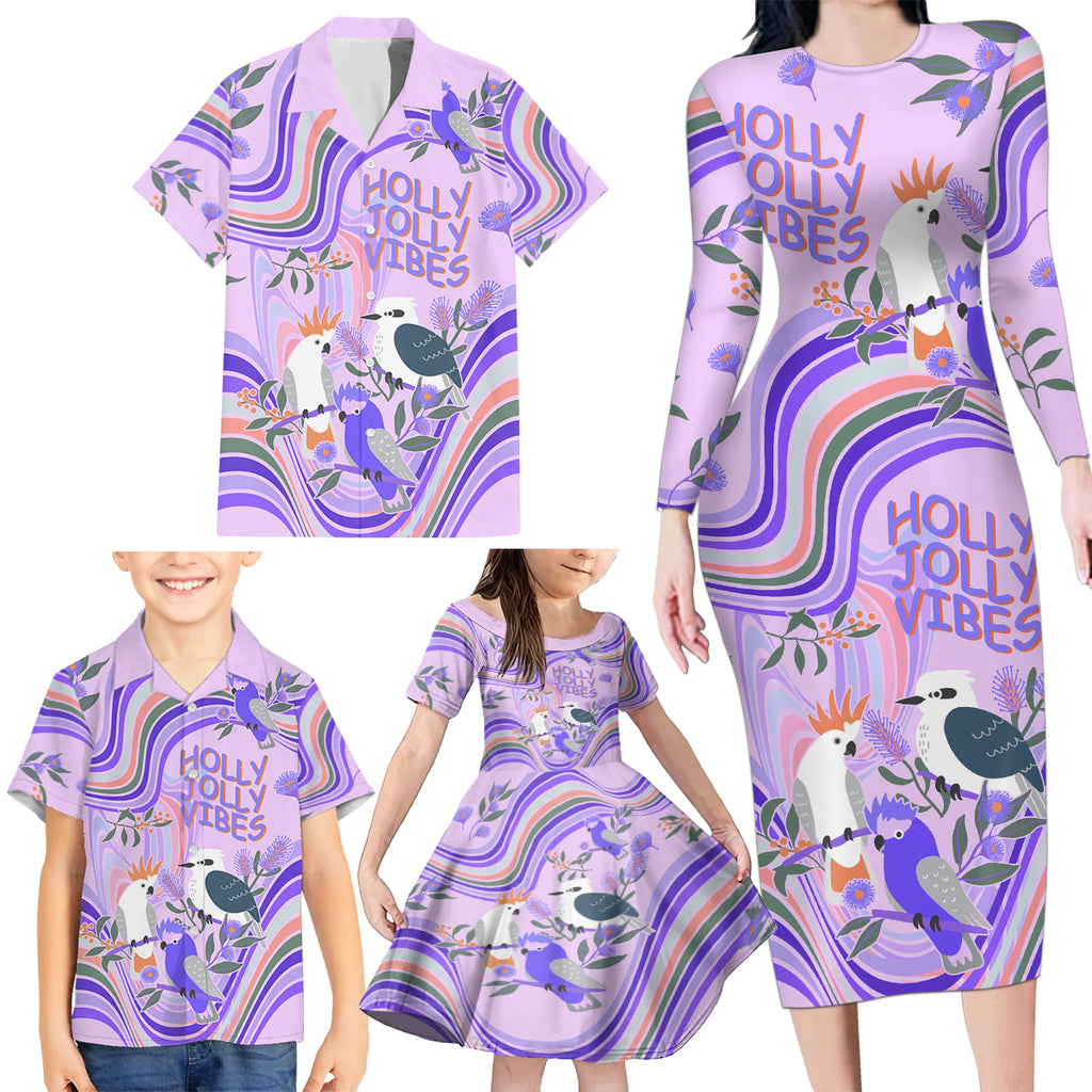 personalised-australia-hippie-christmas-family-matching-long-sleeve-bodycon-dress-and-hawaiian-shirt-cockatoo-kookaburra-with-wattle-violet-pastel-color