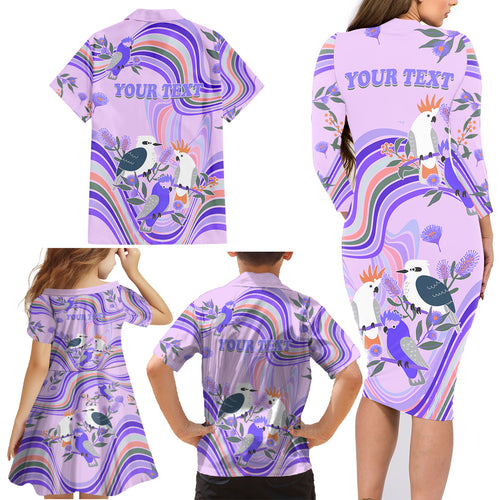 personalised-australia-hippie-christmas-family-matching-long-sleeve-bodycon-dress-and-hawaiian-shirt-cockatoo-kookaburra-with-wattle-violet-pastel-color