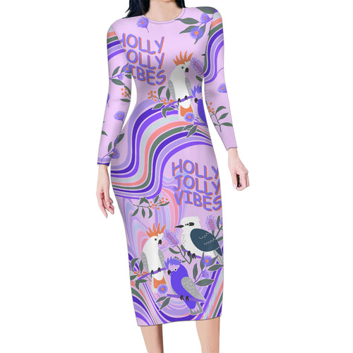 personalised-australia-hippie-christmas-family-matching-long-sleeve-bodycon-dress-and-hawaiian-shirt-cockatoo-kookaburra-with-wattle-violet-pastel-color
