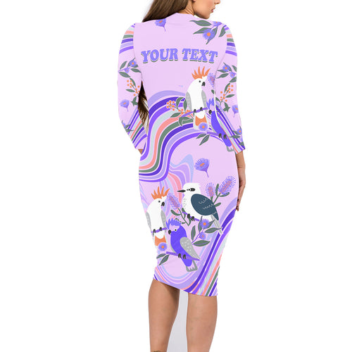 personalised-australia-hippie-christmas-family-matching-long-sleeve-bodycon-dress-and-hawaiian-shirt-cockatoo-kookaburra-with-wattle-violet-pastel-color