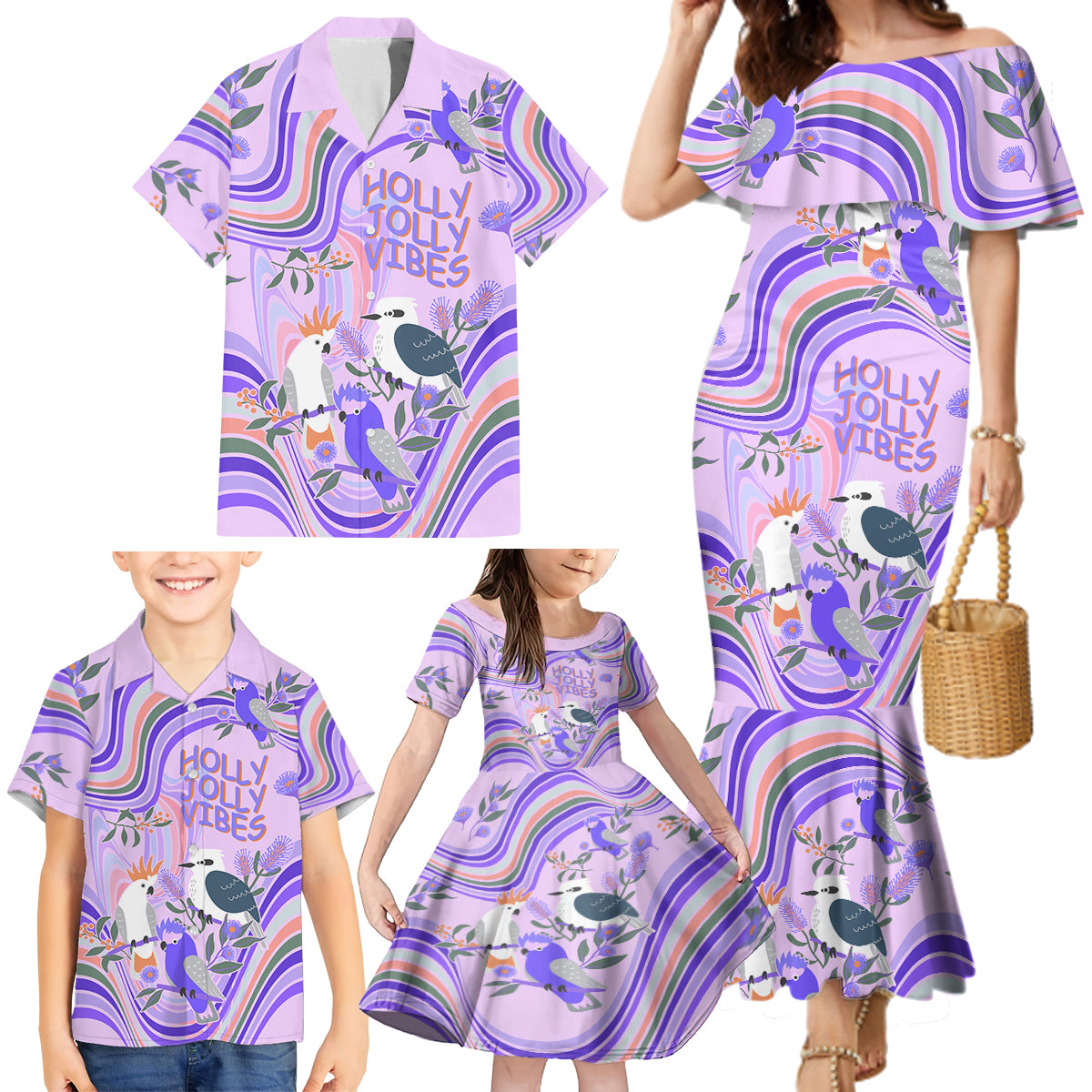 personalised-australia-hippie-christmas-family-matching-mermaid-dress-and-hawaiian-shirt-cockatoo-kookaburra-with-wattle-violet-pastel-color