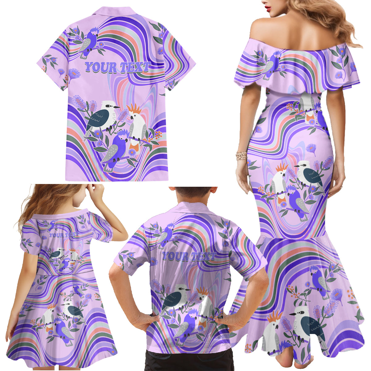 personalised-australia-hippie-christmas-family-matching-mermaid-dress-and-hawaiian-shirt-cockatoo-kookaburra-with-wattle-violet-pastel-color