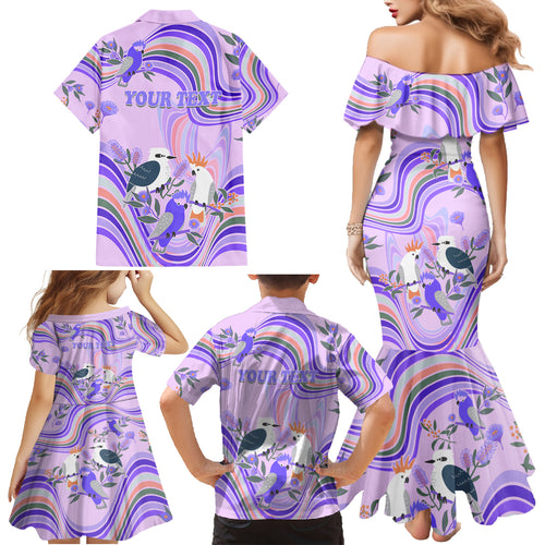 personalised-australia-hippie-christmas-family-matching-mermaid-dress-and-hawaiian-shirt-cockatoo-kookaburra-with-wattle-violet-pastel-color