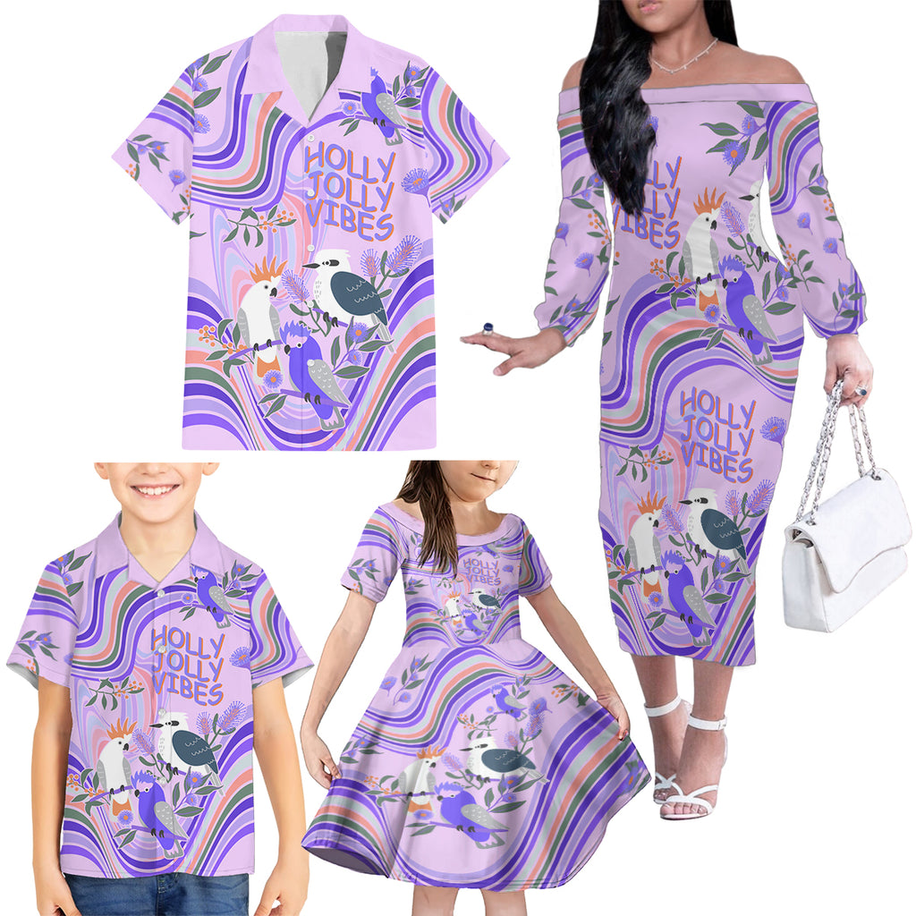 personalised-australia-hippie-christmas-family-matching-off-shoulder-long-sleeve-dress-and-hawaiian-shirt-cockatoo-kookaburra-with-wattle-violet-pastel-color