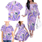 personalised-australia-hippie-christmas-family-matching-off-shoulder-long-sleeve-dress-and-hawaiian-shirt-cockatoo-kookaburra-with-wattle-violet-pastel-color